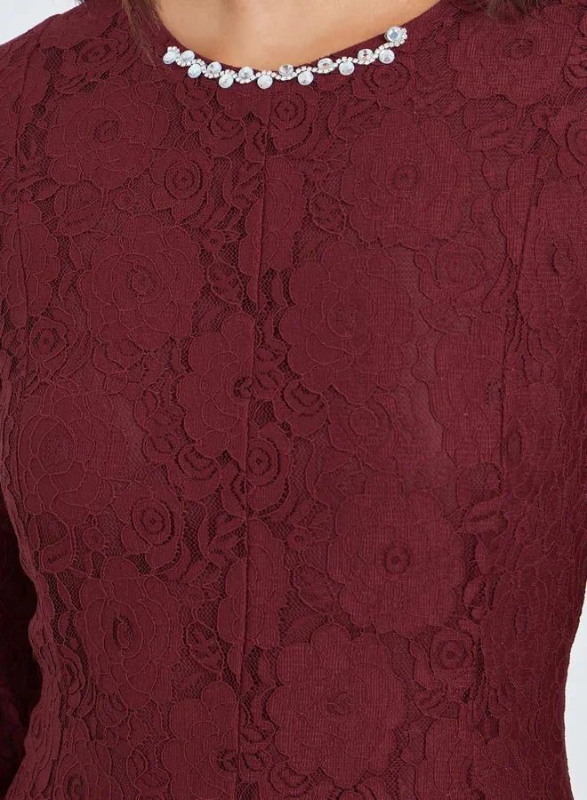 Styli burgundy Red Floral Lace A-Line Maxi Dress for Women | Best Price UAE