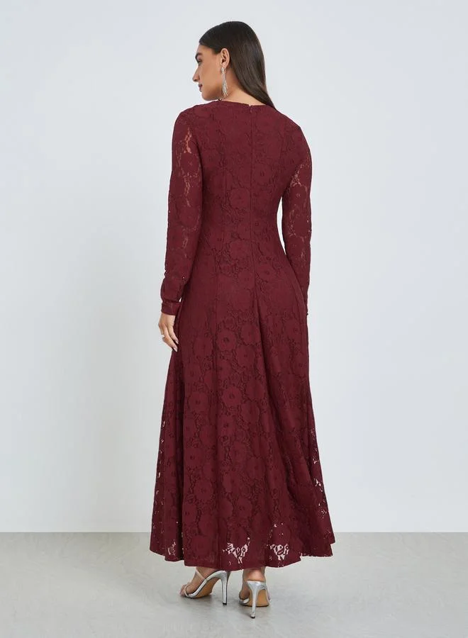 Styli burgundy Red Floral Lace A-Line Maxi Dress for Women | Best Price UAE