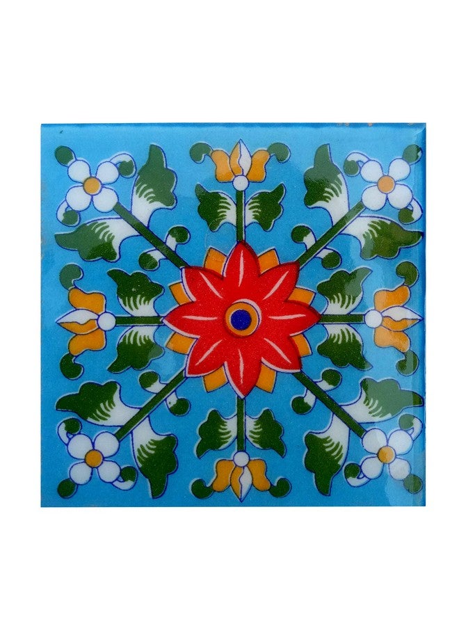 Shiv Kripa Blue Pottery Home Decor Ceramic Wall Tile Flooring Tiles Designer Floral Kitchen Washroom Mosaic Furniture Tile Handmade Backsplash 4 x 4 Inch Pack of 6 Tiles (Multi) - Image 3