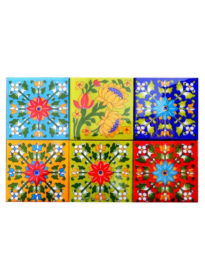 Shiv Kripa Blue Pottery Home Decor Ceramic Wall Tile Flooring Tiles Designer Floral Kitchen Washroom Mosaic Furniture Tile Handmade Backsplash 4 x 4 Inch Pack of 6 Tiles (Multi) - Image 1