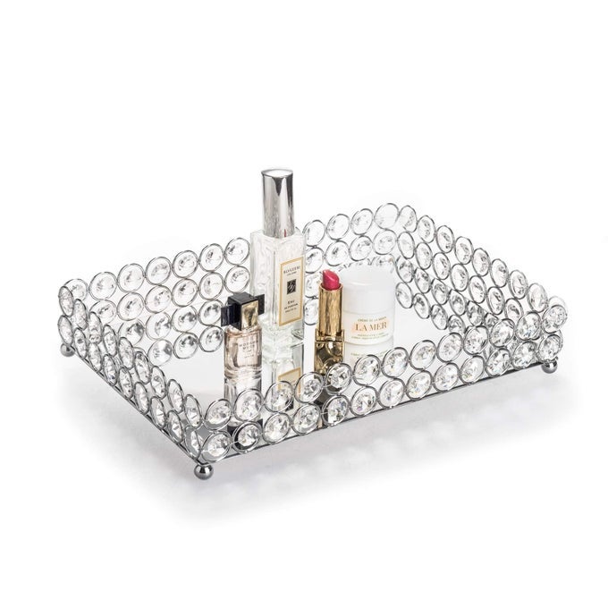 CRYSTAL VANITY MAKEUP PERFUME TRAY ORNATE JEWELRY TRINKET ORGANIZER COSMETIC DECORATIVE TRAY SKIN CARE STORAGE FOR HOME DRESSING TABLE WEDDING DECORATIONRECTANGLE 12 X 8 SILVER
