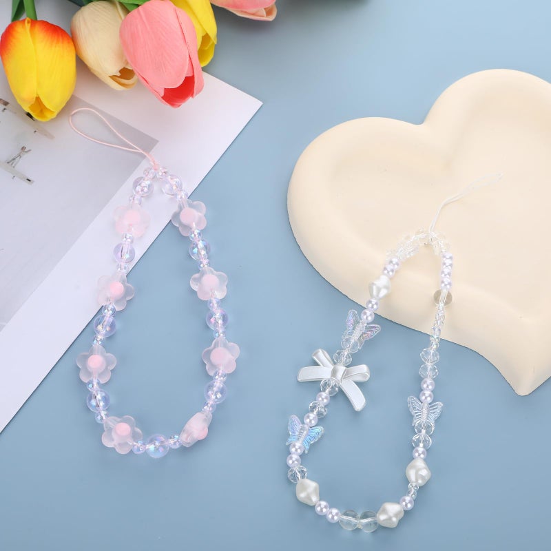 Xyulaan 2Pcs Phone Charms Strap, Beaded Phone Wrist Strap Cute Cellphone Charms for Cellphone Case, Keychain for Cellphone String Strap White Pink Butterfly Charm Bracelet Wristlet Y2K Lanyard - Image 4