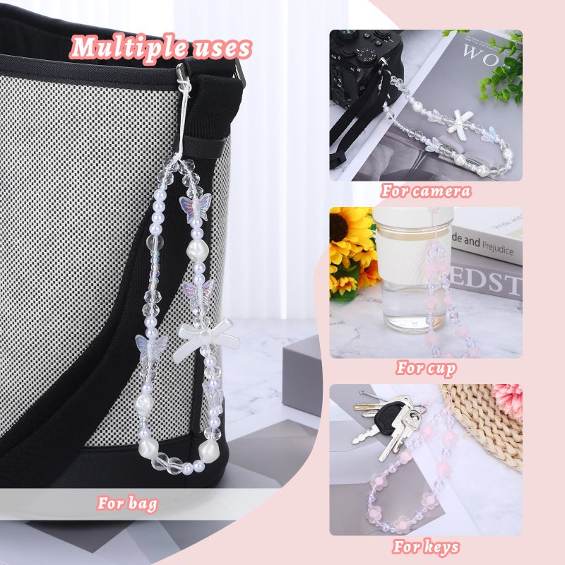 Xyulaan 2Pcs Phone Charms Strap, Beaded Phone Wrist Strap Cute Cellphone Charms for Cellphone Case, Keychain for Cellphone String Strap White Pink Butterfly Charm Bracelet Wristlet Y2K Lanyard - Image 3