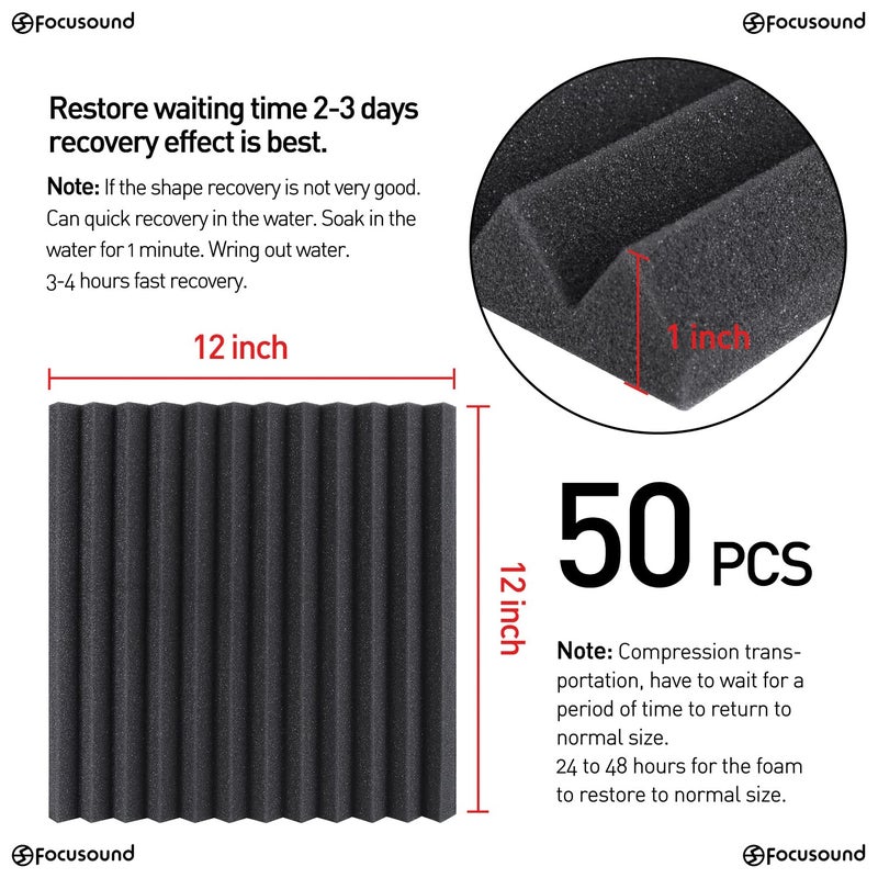 Focusound 50 Pack Acoustic Foam Panels 1" x 12" x 12" Sound Proof Foam Panles Soundproofing Noise Cancelling Wedge Panels for Home Office Recoding Studio with 300PCS Double-Side Adhesive - Image 4
