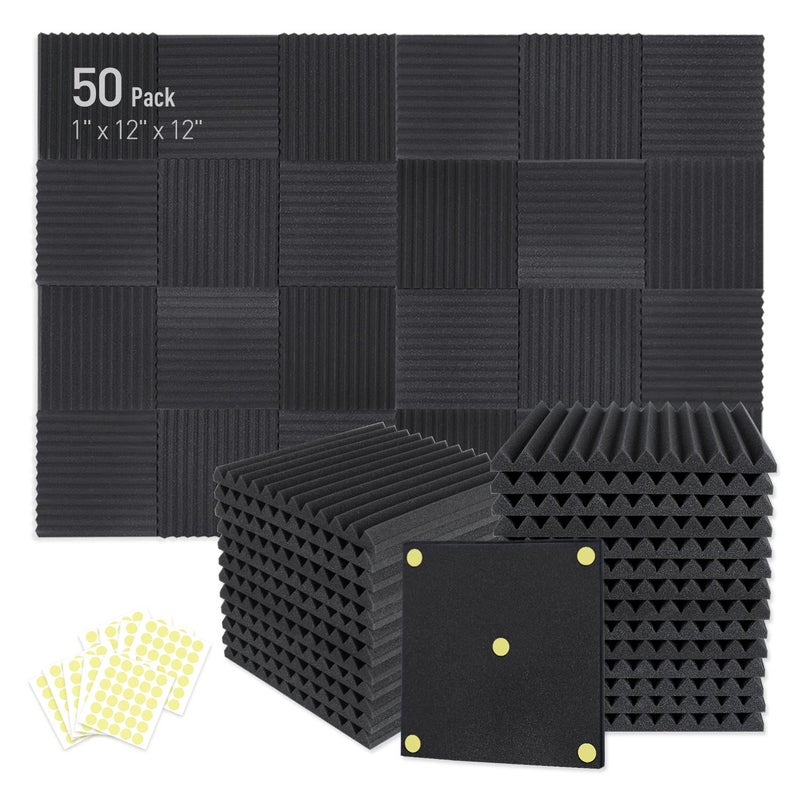 Focusound 50 Pack Acoustic Foam Panels 1" x 12" x 12" Sound Proof Foam Panles Soundproofing Noise Cancelling Wedge Panels for Home Office Recoding Studio with 300PCS Double-Side Adhesive - Image 1