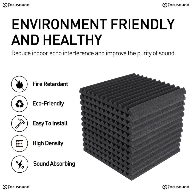 Focusound 50 Pack Acoustic Foam Panels 1" x 12" x 12" Sound Proof Foam Panles Soundproofing Noise Cancelling Wedge Panels for Home Office Recoding Studio with 300PCS Double-Side Adhesive - Image 3