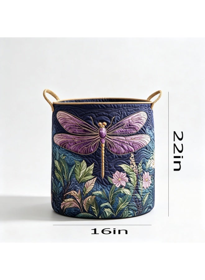 Large Quilted Laundry Basket With Dragonfly And Floral Pattern – American Artistic Style Storage Bin – Multifunctional Fabric Organizer With Handles – Suitable For Storing Clothes And Blankets In Bedrooms Or Laundry Rooms - Image 2