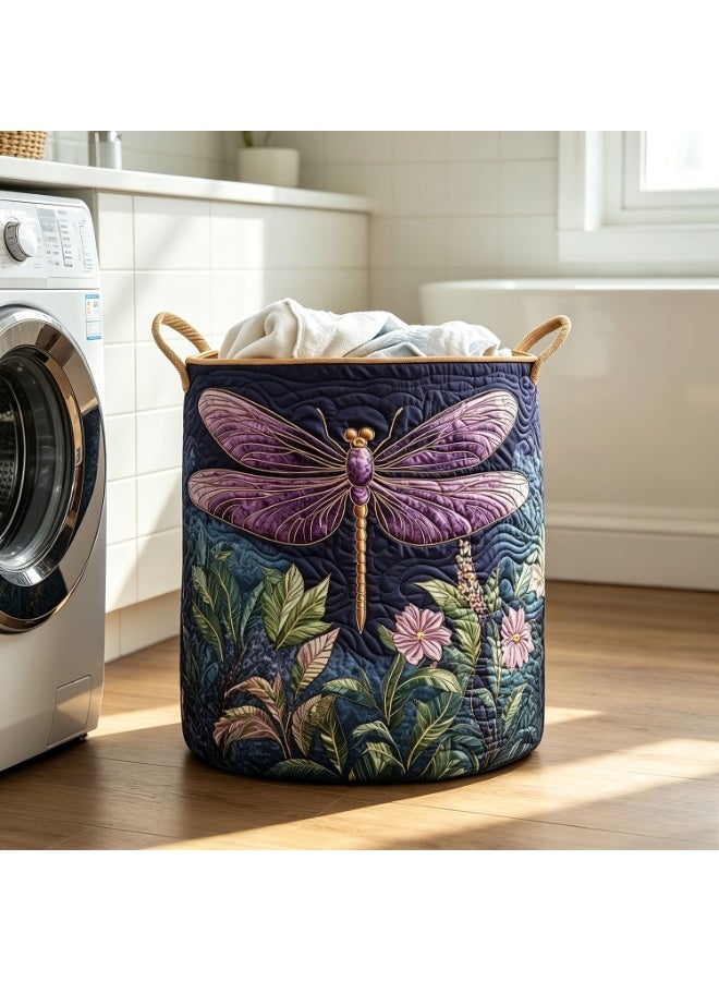 Large Quilted Laundry Basket With Dragonfly And Floral Pattern – American Artistic Style Storage Bin – Multifunctional Fabric Organizer With Handles – Suitable For Storing Clothes And Blankets In Bedrooms Or Laundry Rooms - Image 5