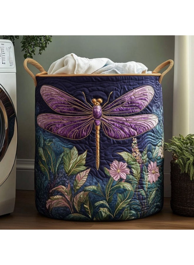 Large Quilted Laundry Basket With Dragonfly And Floral Pattern – American Artistic Style Storage Bin – Multifunctional Fabric Organizer With Handles – Suitable For Storing Clothes And Blankets In Bedrooms Or Laundry Rooms - Image 4