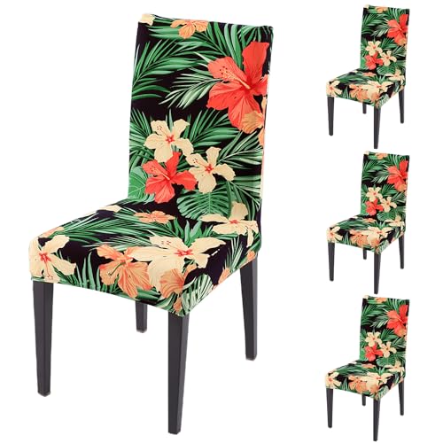 HOKIPO Stretchable Dining Chair Covers Set of 4, Spring Green Hibiscus (AR-5131-D9*4) - Image 1