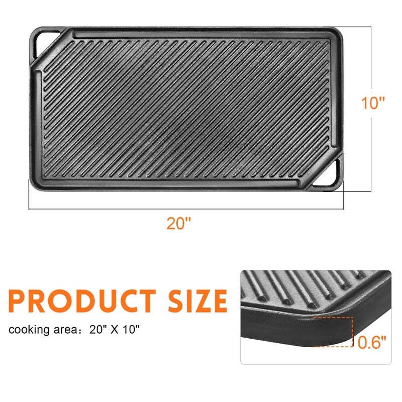 GGC Cast Iron Griddle for Gas Stove, Reversible Griddle for Gas Grills, 20 x 10 Flat and Ribbed Griddle Plate for Outdoor and Indoor Cooking - Image 2