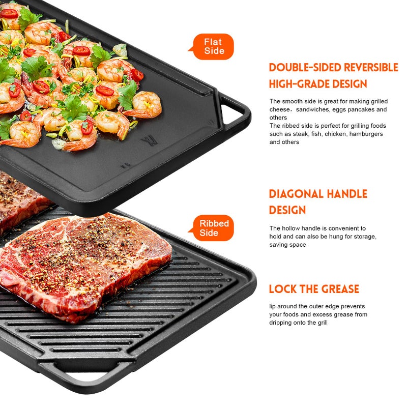GGC Cast Iron Griddle for Gas Stove, Reversible Griddle for Gas Grills, 20 x 10 Flat and Ribbed Griddle Plate for Outdoor and Indoor Cooking - Image 4