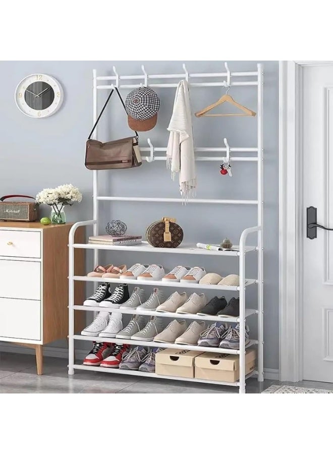 BLOOMING TIME Shoe Racks Storage , Coat and Shoe Rack , Coat Rack with Shoe Storage , Upgrade 5 Tier Shoe Rack , Black Shoe Rack , Shoe Storage Organizer , Shoe Shelf with 8 Hooks for Bedroom , Hallway , Office - Image 2