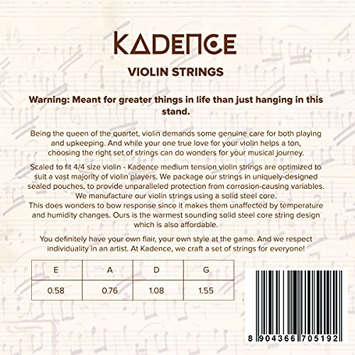 Kadence Violin String Set STR-V01 for Size 1/4, 1/2, 3/4, 4/4 Scale Medium Tension – Solid Steel Core, Warm Tone, Economical and Durable - Image 3