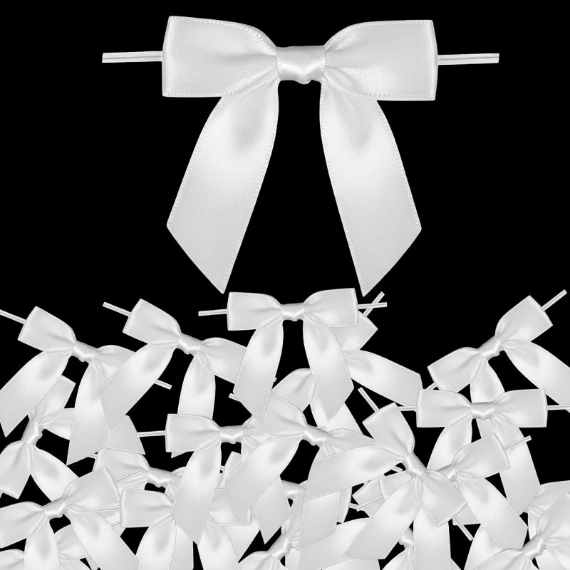AKLVBL 25 White Satin Ribbon Twist Tie Bows for Gift Wrapping 30 Counts
