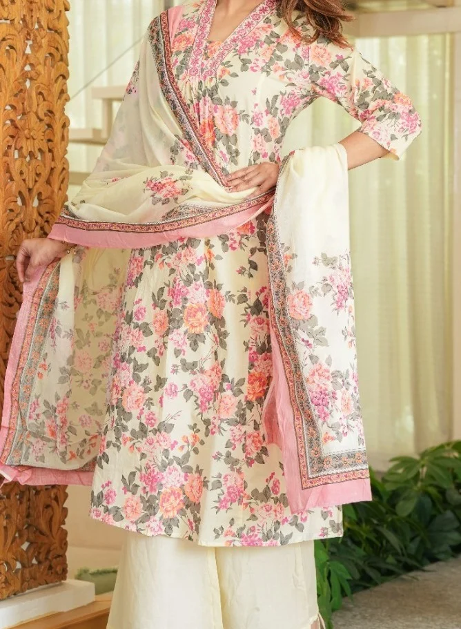 Studio blue Ivory and Pink Floral Printed Three-Piece Set with Dupatta