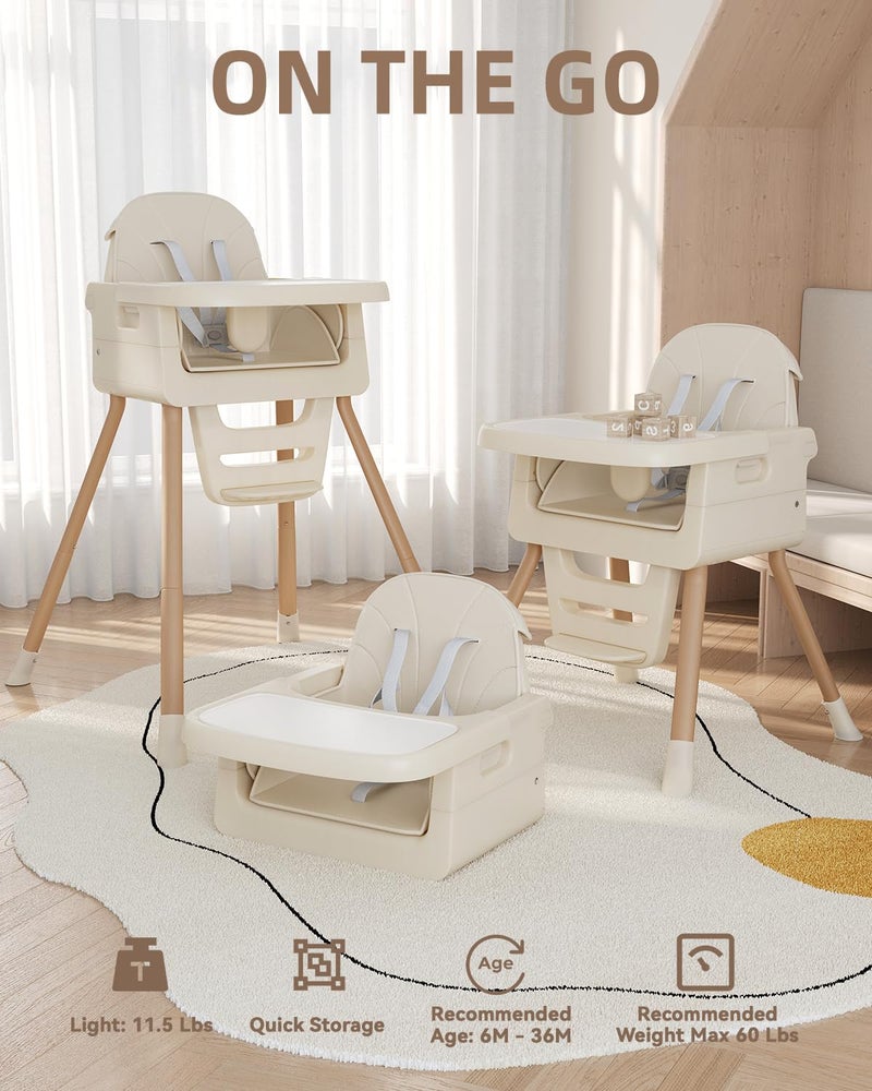 EverKiddo Baby High Chair for 6 Months+, Foldable High Chairs for Babies and Toddlers, Convertible Toddler Chair, Adjustable Tray & Footrest, Lightweight, Stable & Easy to Clean(White with Wood Grain) - Image 2
