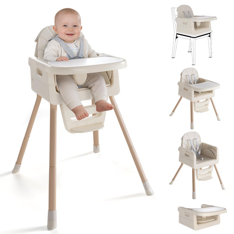 EverKiddo Baby High Chair for 6 Months+, Foldable High Chairs for Babies and Toddlers, Convertible Toddler Chair, Adjustable Tray & Footrest, Lightweight, Stable & Easy to Clean(White with Wood Grain) - Image 1