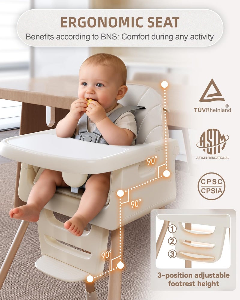 EverKiddo Baby High Chair for 6 Months+, Foldable High Chairs for Babies and Toddlers, Convertible Toddler Chair, Adjustable Tray & Footrest, Lightweight, Stable & Easy to Clean(White with Wood Grain) - Image 3