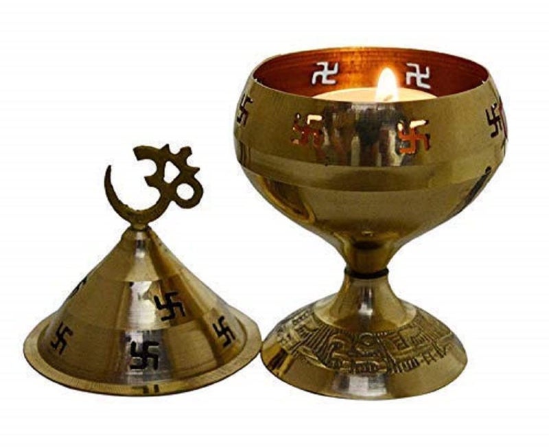 Mkd2 Rise Golden Om and Swastik Symbol Decorative Brass Diya - Akhand Diya for Puja -Navratri - Brass Diya for Pooja Room, Home Temple Decor - Diwali Diya - Diwali Decoration Item - Image 3