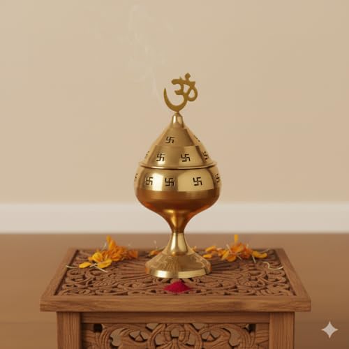 Mkd2 Rise Golden Om and Swastik Symbol Decorative Brass Diya - Akhand Diya for Puja -Navratri - Brass Diya for Pooja Room, Home Temple Decor - Diwali Diya - Diwali Decoration Item - Image 1