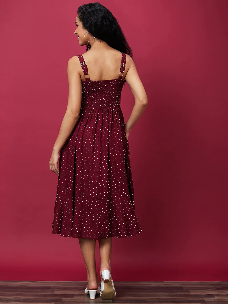 جلو باص Women Polka Dot Print Shoulder Straps Smocking Fit & Flare Dress