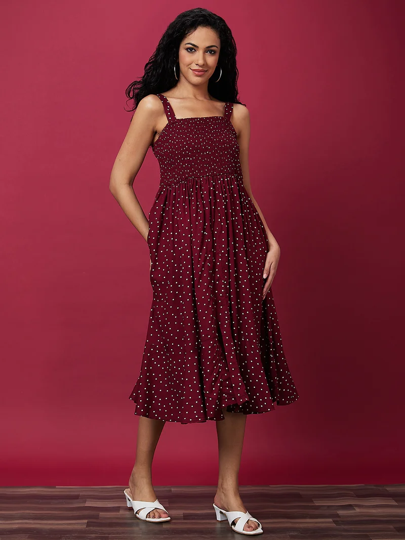 جلو باص Women Polka Dot Print Shoulder Straps Smocking Fit & Flare Dress