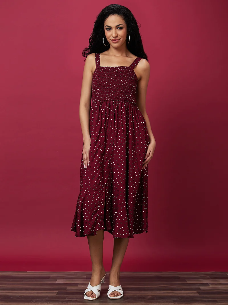 جلو باص Women Polka Dot Print Shoulder Straps Smocking Fit & Flare Dress