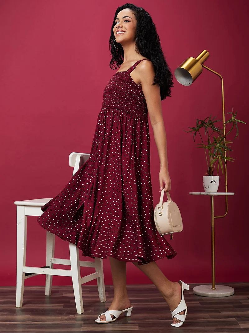 جلو باص Women Polka Dot Print Shoulder Straps Smocking Fit & Flare Dress