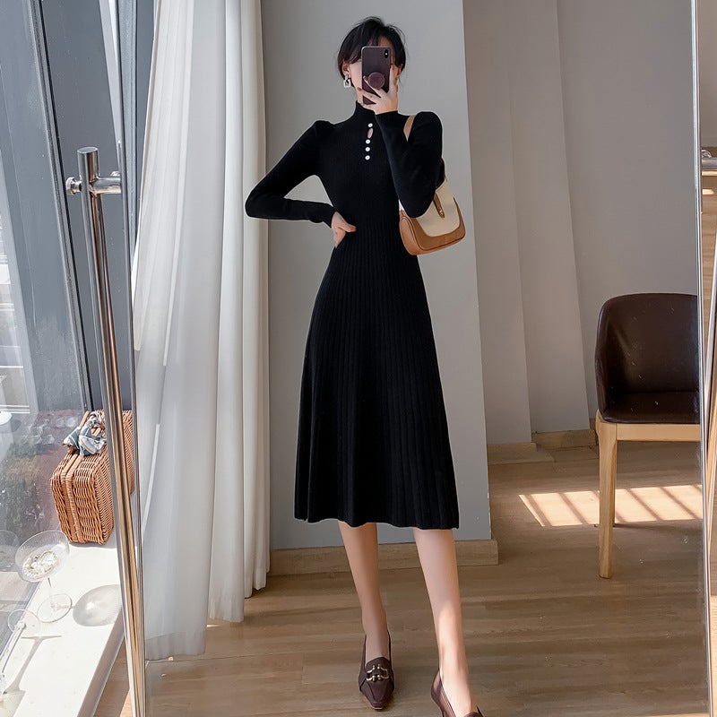 Autumn Winter Korean Turtleneck Midi Knit Sweater Dress Black