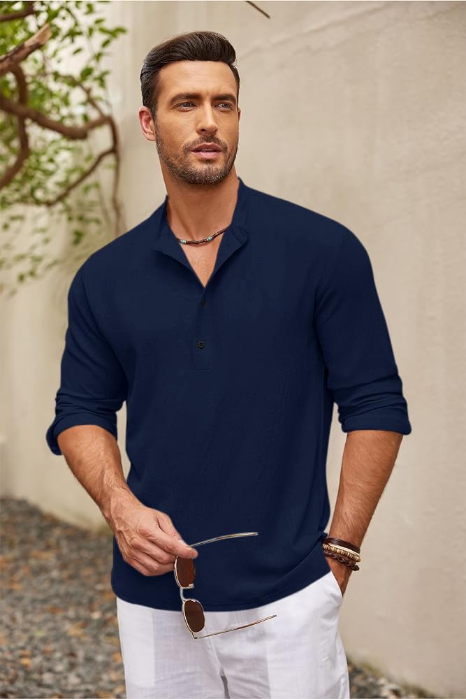 Bellstone Men’s Cotton Blend Solid Regular Fit Full Sleeve Short Kurta | Men's Trendy Short Kurta | Ethnic Stylish Casual Lightweight Summer Kurta for Daily and Occasion Use Navy - Image 2
