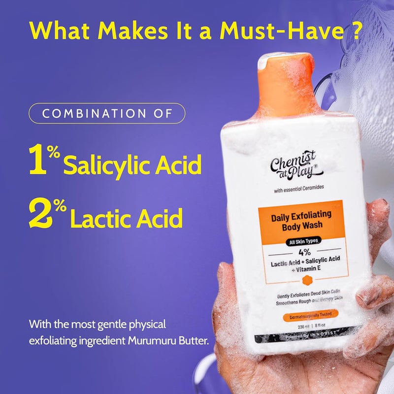 Chemist At Play Exfoliating Body Wash 236ml 4 Salicylic Acid Vitamin E and Lactic Acid Paraben SLS Free Gentle Exfoliating Shower Gel Removes Tan Body Acne Prevents Dry Rough Bumpy Skin Men Women - Image 3