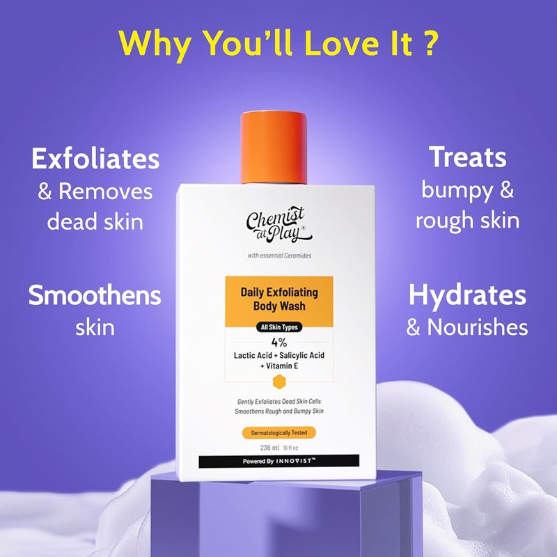 Chemist At Play Exfoliating Body Wash 236ml 4 Salicylic Acid Vitamin E and Lactic Acid Paraben SLS Free Gentle Exfoliating Shower Gel Removes Tan Body Acne Prevents Dry Rough Bumpy Skin Men Women - Image 2