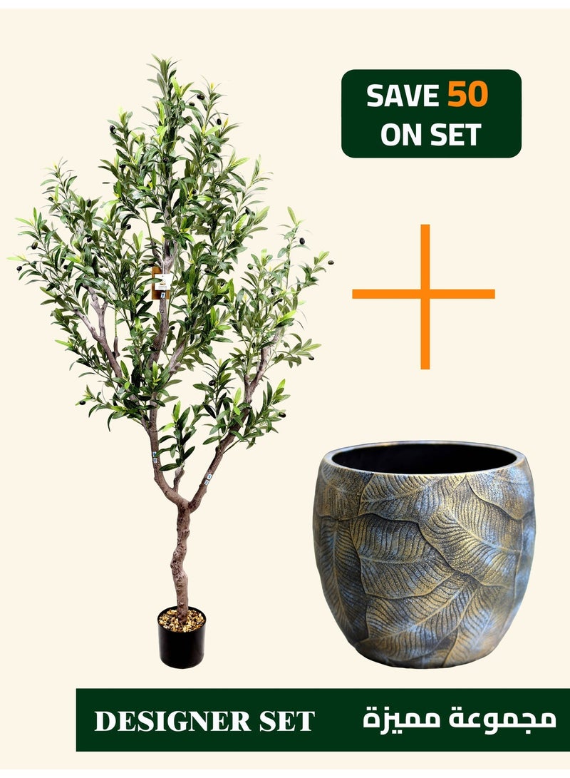 High-Quality Artificial Olive Tree (190cm) with Large Leaf-Textured Cement Planter (30×27cm) – Space-Defining Focal Point for Large Interiors - Image 1