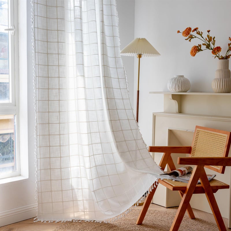 Deeprove White Boho Curtains for Bedroom 84 Inches Long  Cream Checkered Bohemian Chic Textured Embroidery Plaids  Vintage Handmade Tassels Country Decor Drapery  Rod Pocket  1 Panel W52 x L84 - Image 3