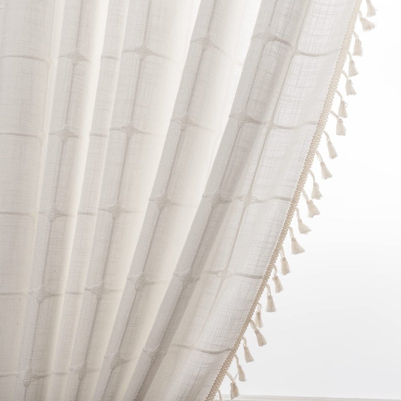 Deeprove White Boho Curtains for Bedroom 84 Inches Long  Cream Checkered Bohemian Chic Textured Embroidery Plaids  Vintage Handmade Tassels Country Decor Drapery  Rod Pocket  1 Panel W52 x L84 - Image 4