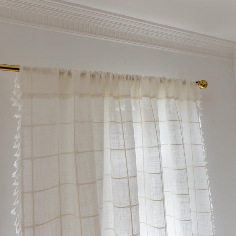 Deeprove White Boho Curtains for Bedroom 84 Inches Long  Cream Checkered Bohemian Chic Textured Embroidery Plaids  Vintage Handmade Tassels Country Decor Drapery  Rod Pocket  1 Panel W52 x L84 - Image 2