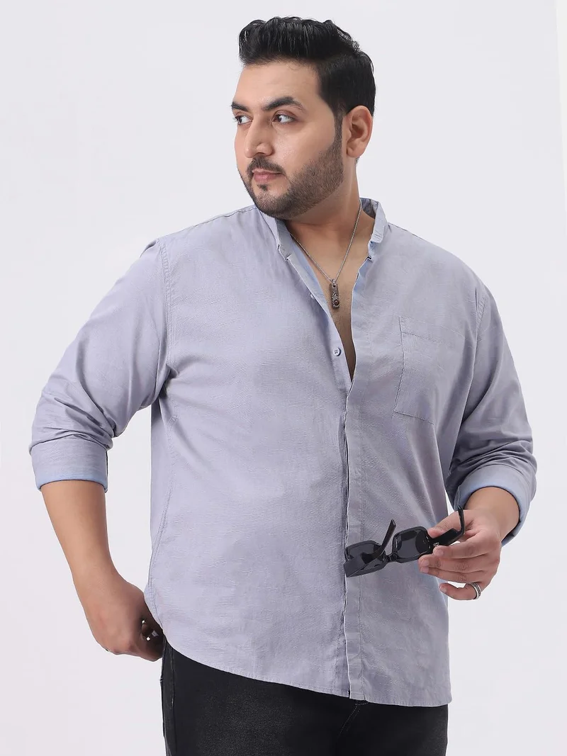 Urbano Fashion  Urbano Plus Men's Lavender Cotton Full Sleeve Regular Fit Casual Solid Shirt with Band Collar  | Best Price UAE