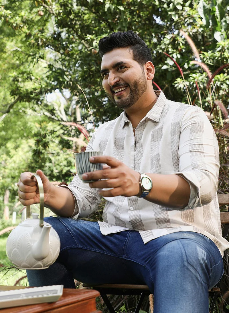 Men's Off-White & Moon Grey Woven Buffalo-Check Shirt For Casual Wear | Spread Collar | Long Cuffed Sleeves | Button Closure | Plus Size Shirt Crafted With Comfort Fit For Everyday Wear