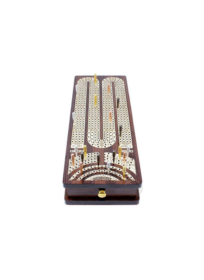 House of Cribbage - Continuous Cribbage Board / Box Inlaid In Rosewood / Maple : 4 Track Side Drawers With Score Marking Fields For Skunks Corners And Won Games - Image 1