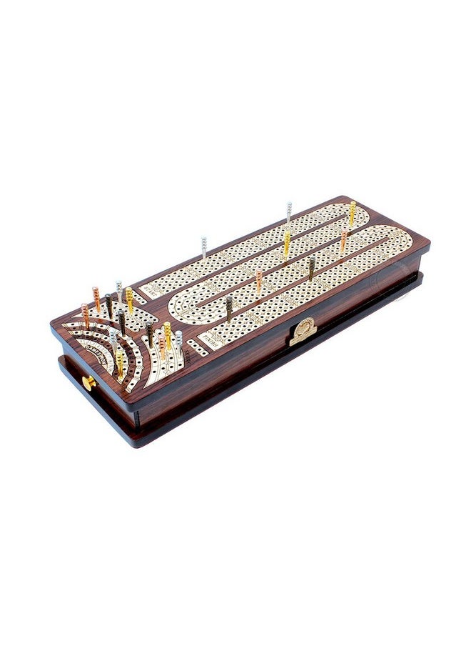 House of Cribbage - Continuous Cribbage Board / Box Inlaid In Rosewood / Maple : 4 Track Side Drawers With Score Marking Fields For Skunks Corners And Won Games - Image 1