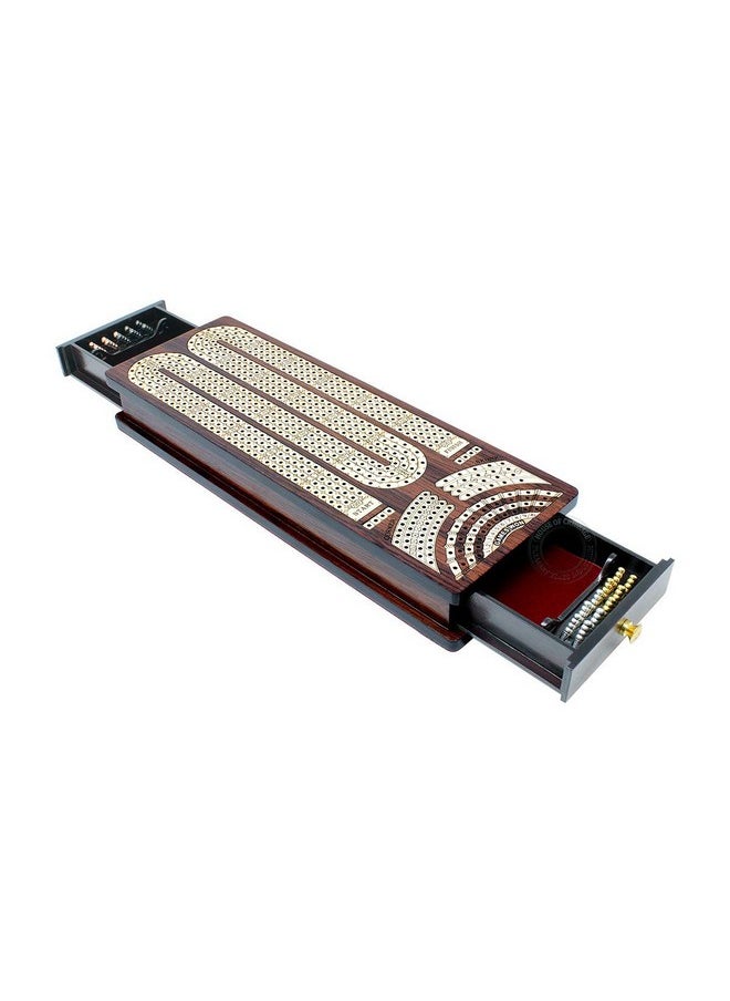 House of Cribbage - Continuous Cribbage Board / Box Inlaid In Rosewood / Maple : 4 Track Side Drawers With Score Marking Fields For Skunks Corners And Won Games - Image 1