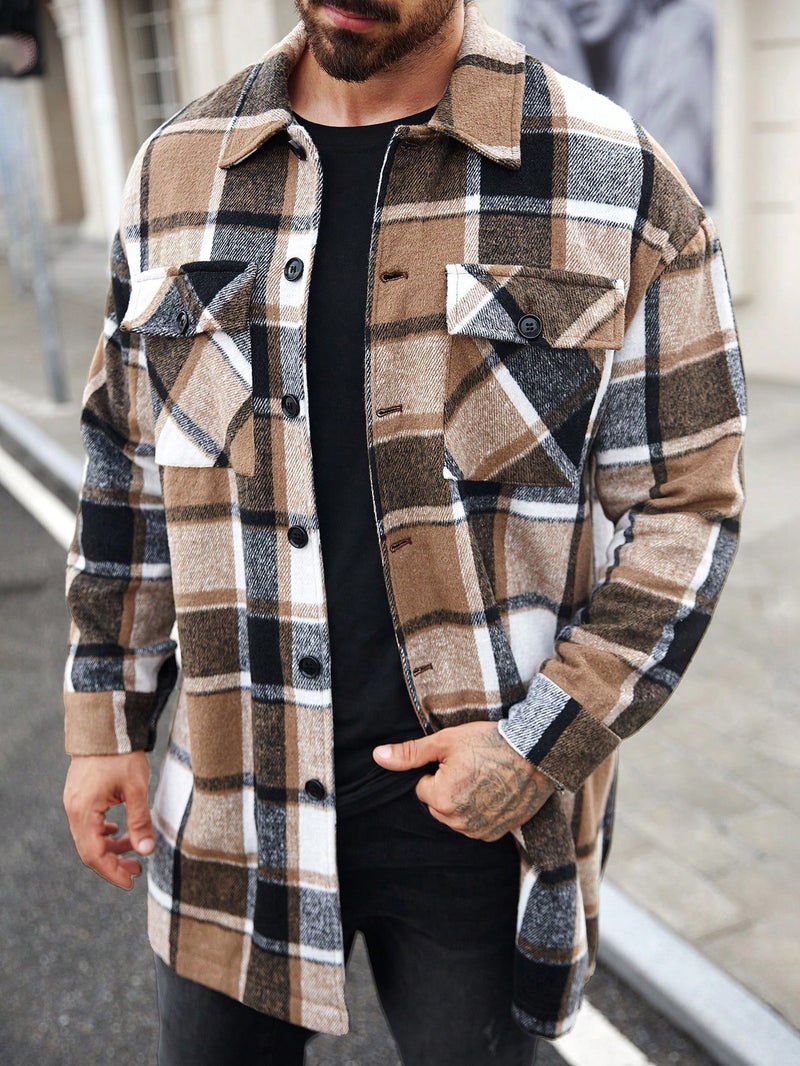 Men's Long Trench Coat with Button Front and Flap Pockets - Casual Plaid Windbreaker Jacket