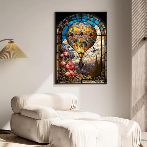 hkejoi Hot Air Balloon Diamond Painting Kits for Adults,Stained Glass Diamond Art Kits for Adults,Hot Air Balloon Gem Art Kits for Home Wall Decor 12x16 inch - Image 2