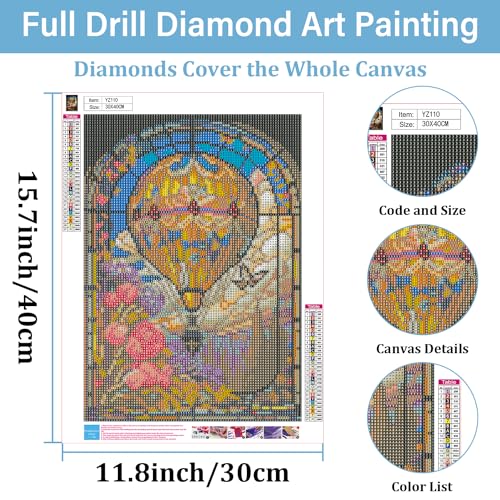 hkejoi Hot Air Balloon Diamond Painting Kits for Adults,Stained Glass Diamond Art Kits for Adults,Hot Air Balloon Gem Art Kits for Home Wall Decor 12x16 inch - Image 4