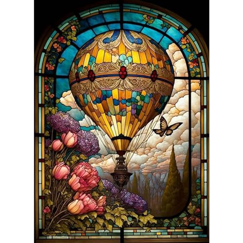 hkejoi Hot Air Balloon Diamond Painting Kits for Adults,Stained Glass Diamond Art Kits for Adults,Hot Air Balloon Gem Art Kits for Home Wall Decor 12x16 inch - Image 1