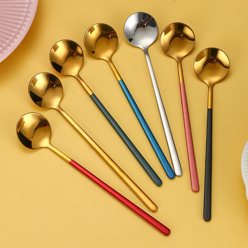 8 Piece Pink Stainless Steel Long Handle Spoon Set For Coffee And Honey Stirring - Image 5