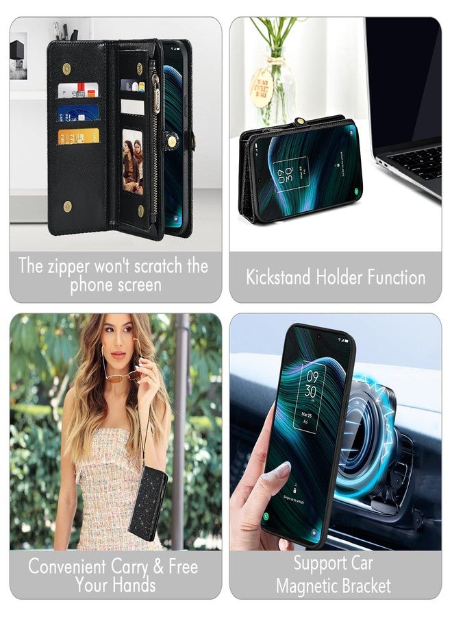 أسو ويش جراب هاتف Asuwish لهاتف TCL Stylus 5G 2022، مزود بسحاب، غطاء قابل للفصل، واقي شاشة من الزجاج المقوى، حبل تعليق، حزام معصم، حامل بطاقات ائتمان قابل للطي، لون أسود، TLC Stylo G5 6.81 T779W، للنساء - Image 4