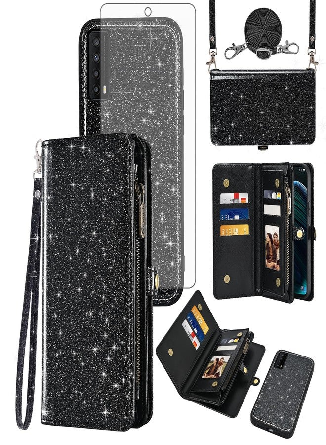 أسو ويش جراب هاتف Asuwish لهاتف TCL Stylus 5G 2022، مزود بسحاب، غطاء قابل للفصل، واقي شاشة من الزجاج المقوى، حبل تعليق، حزام معصم، حامل بطاقات ائتمان قابل للطي، لون أسود، TLC Stylo G5 6.81 T779W، للنساء - Image 1