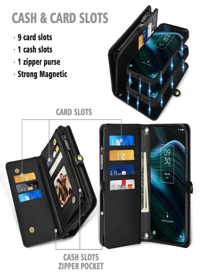 أسو ويش جراب هاتف Asuwish لهاتف TCL Stylus 5G 2022، مزود بسحاب، غطاء قابل للفصل، واقي شاشة من الزجاج المقوى، حبل تعليق، حزام معصم، حامل بطاقات ائتمان قابل للطي، لون أسود، TLC Stylo G5 6.81 T779W، للنساء - Image 2